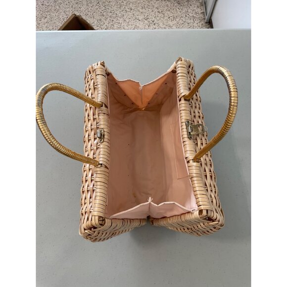 Vintage Simon Handmade Woven Basket Handbag Beige Gold Pink Dual Handles Neutral - Picture 4 of 9